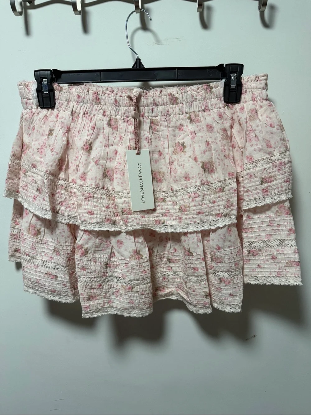 LoveShackFancy Pale Pink Floral Tiered Lace Mini Skirt
